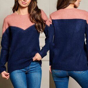 MYSTREE Mauve Navy Long Sleeve Pullover Colorblock Knit Crew Neck Sweater NEW